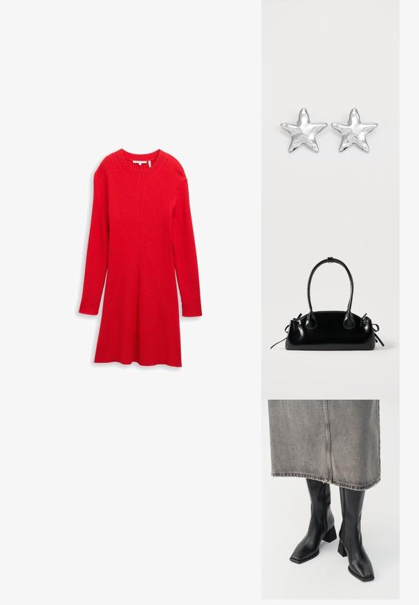 Robe en tricot rouge à manches longues, présentant une texture côtelée et des détails de couture diagonaux. Ourlet plus court sur les côtés. Encolure ronde classique.; Bottes noires montantes en cuir lisse avec un bout carré et un talon bloc. Portées avec une jupe en denim grise à l'ourlet effiloché.; Petit sac à main noir brillant avec deux longues anses et des détails à cordon sur les côtés sur un fond clair uni.; Boucles d'oreilles argentées en forme d'étoile, avec une surface lisse et brillante. Chaque boucle d'oreille possède cinq pointes et des détails subtils de texture de surface.