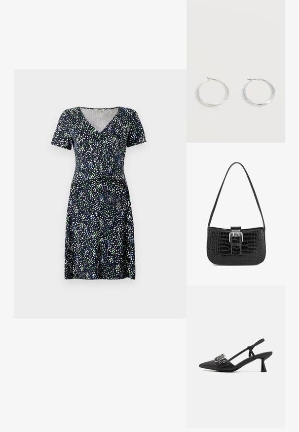 Kjole med korte ærmer i marineblå med et flerfarvet prikmønster. Har V-hals og tætsiddende talje, lavet af letvægtsstof.; Simmi London DALA - Pumps - black; Sort håndtaske i krokodilleskindsembossing med en buet form, der har en rektangulær spænde og en tynd, justerbar rem. Glat tekstur.; Sølvfarvede metaloorringe med glat, let buet overflade og låsemekanisme på en ensfarvet hvid baggrund.