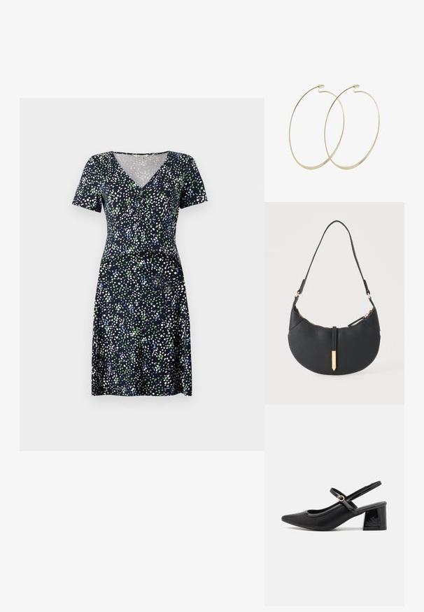 Kjole med korte ærmer i marineblå med et flerfarvet prikmønster. Har V-hals og tætsiddende talje, lavet af letvægtsstof.; Sorte patentlæder slingback hæle med spids tå, rund udskæring og blokhæl. Har en guldtonet spændeaccents.; Sort håndtaske formet som en halvmåne med en enkelt rem, guld lynlås og en guldfarvet rektangulær dekorativ fane foran.; Pilgrim Øreringe - gold-coloured