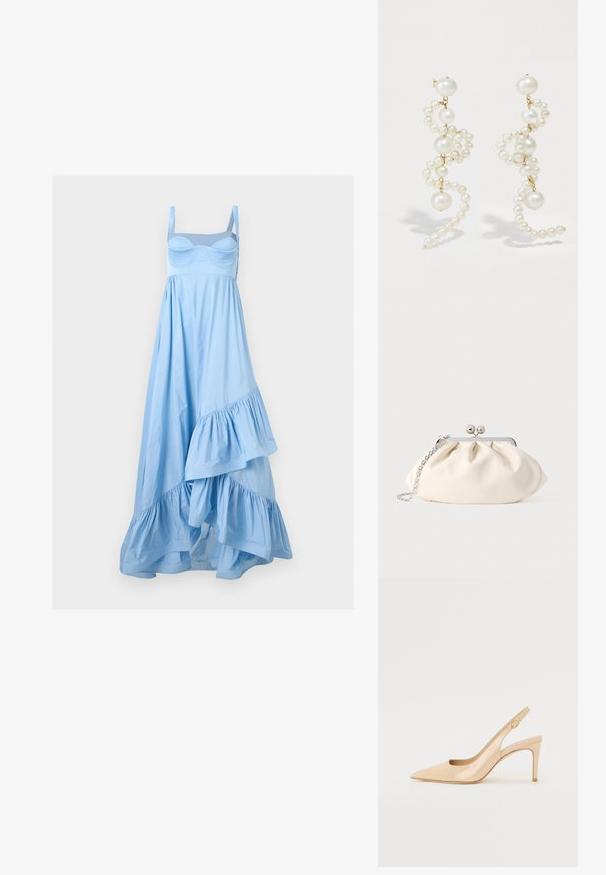 Robe bleu clair sans manches avec un buste ajusté, des bretelles réglables et un ourlet asymétrique à volants.; Escarpin slingback en cuir verni nude avec un bout pointu, un décolleté ouvert et un talon aiguille fin. Comprend un accent doré circulaire sur la sangle.; Pochette en tissu crème avec un design froncé, cadre en métal argenté, deux boules décoratives, et une bandoulière chaîne argentée.; Boucles d'oreilles en perles blanches avec un design torsadé, mettant en valeur des perles de tailles variées et des accents dorés. Texture lisse et forme élégante.