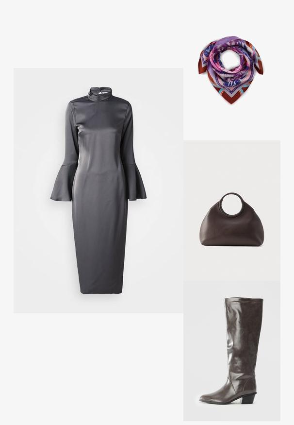 Grijze satijnen midi-jurk met een hoge hals, lange klokmouwen en een slank ontwerp, met een gladde textuur en een minimalistische stijl.; Hoge dameslaars van donkergrijs leer met een middelhoge hak en een afgeronde neus, weergegeven vanuit de zijkant op een witte achtergrond.; Codello ZODIAC STERNZEICHEN - Sjaal - pink; Donkerbruine leren handtas met ronde gevlochten handgrepen en een zachte, afgeronde vorm tegen een effen lichte achtergrond.