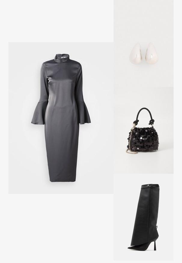 Grijze satijnen midi-jurk met een hoge hals, lange klokmouwen en een slank ontwerp, met een gladde textuur en een minimalistische stijl.; Zwarte enkelboot met een puntige neus en een hoge stilettohak. Gemaakt van gestructureerd leer met een opvallend gevouwen ontwerp aan de bovenkant.; Zwarte pailletten mini handtas met een geknoopte textuurriem en zilveren ketting. Rondvormig met een geplooide bovenkant en reflecterende details.; Zilveren metalen druppeloorbellen met een gladde, reflecterende oppervlakte en een druppelvorm, voorzien van een naadloos ontwerp en zonder zichtbare versieringen.