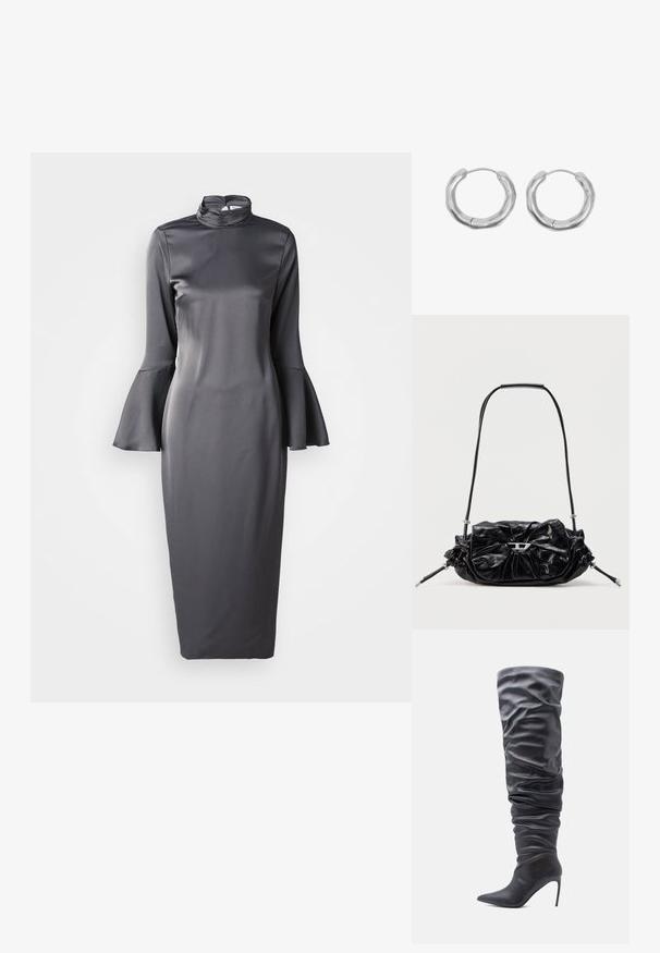 Grijze satijnen midi-jurk met een hoge hals, lange klokmouwen en een slank ontwerp, met een gladde textuur en een minimalistische stijl.; Zwarte kniehoge laars van glad materiaal met een nonchalant ontwerp, puntige neus en hoge naaldhak. Textuur van het oppervlak zichtbaar.; Zwarte leren handtas met een geplooid design en een strikdetail aan de voorkant. Voorzien van een korte handgreep en zilverkleurige metalen accenten.; Set zilverkleurige oorringen met een gestructureerd, licht oneffen, afgerond ontwerp en dunne draadsluitingen.