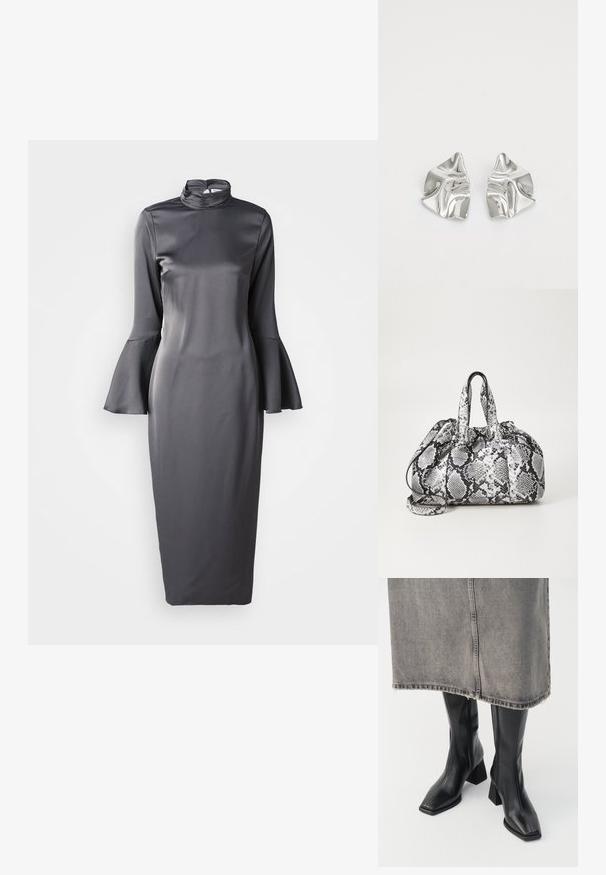 Grijze satijnen midi-jurk met een hoge hals, lange klokmouwen en een slank ontwerp, met een gladde textuur en een minimalistische stijl.; Zwarte laarzen tot de knie van soepel leer met een vierkante neus en blokhak. Draag ze met een grijze denim rok met een rafelige zoom.; Zwart-wit handtas met slangenhuidpatroon, voorzien van twee handvaten, een trekkoordsluiting en een afneembare schouderriem. Hanteert een gladde textuur.; Zilveren metalen oorbellen met een golvend, sculpturaal ontwerp, voorzien van een gepolijste afwerking en onregelmatige vormen, die een hedendaagse esthetiek benadrukken.
