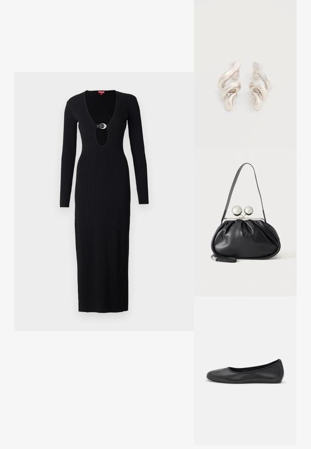 Robe en maille côtelée noire à manches longues, décolleté en V plongeant et accent en boucle circulaire à l'avant, présentant une coupe ajustée et un ourlet au sol.; Ballerines en cuir noir avec un bout rond, texture lisse, détails de couture minimalistes et design de semelle flexible.; Sac à main en cuir noir avec un design plissé, une sangle unique, un cadre métallique argenté et deux grandes fermoirs ronds en argent.; Boucles d'oreilles clips en métal argenté torsadé avec une finition lisse et brillante, présentant un design moderne et abstrait en spirale.