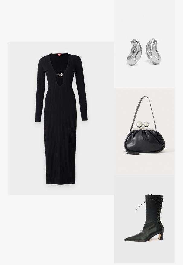 Schwarzes geripptes Strickkleid mit langen Ärmeln, tiefem V-Ausschnitt und einem kreisförmigen Schnallenakzent an der Vorderseite, mit figurbetontem Schnitt und bodenlangem Saum.; Schwarzer Leder-Stiefelette mit spitzer Zehenpartie, schlankem Absatz, Schnürdetail an der Rückseite und Metallösen. Glatte Textur mit elegantem Design.; Schwarze Ledertasche mit gerafftem Design, einem einzelnen Riemen, silbernem Metallrahmen und zwei großen runden silbernen Verschlüssen.; Silberne Creolen mit einer gebogenen, glänzenden Oberfläche und einem nahtlosen Design. Verfügt über einen Scharnierverschluss für sicheren Halt.