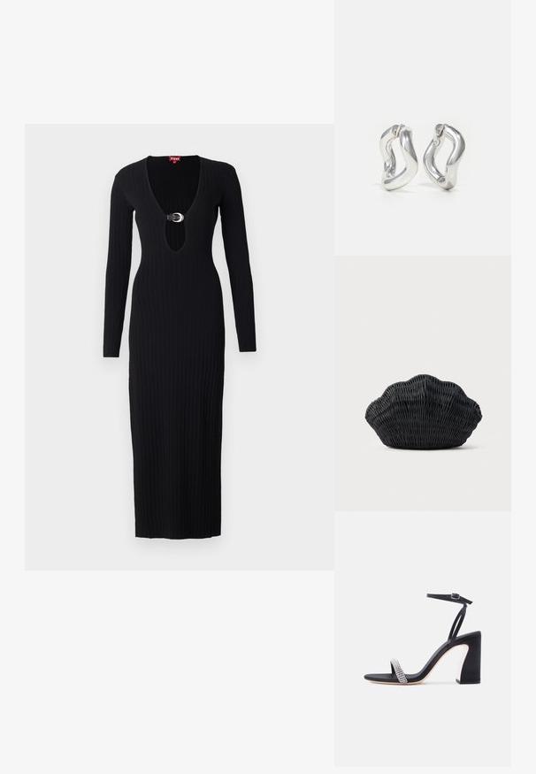 Schwarzes geripptes Strickkleid mit langen Ärmeln, tiefem V-Ausschnitt und einem kreisförmigen Schnallenakzent an der Vorderseite, mit figurbetontem Schnitt und bodenlangem Saum.; Schwarze High-Heel-Sandale mit Knöchelriemen und funkelndem Strassriemen am Zehenbereich auf weißem Hintergrund.; Schwarze Korbtasche in Muschelform mit gebogenem Oberteil und gewebter Textur auf einfarbigem Hintergrund.; Silberne Creolen mit gedrehtem Design. Abgerundete Kanten und glänzende Oberfläche. Offen schließende Verschlüsse für einfaches An- und Ausziehen. Glatte Textur durchgehend.