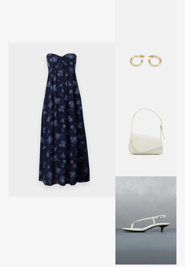 Vestido maxi sin tirantes en azul marino con estampado floral en azul, con busto fruncido y silueta fluida. Tejido suave con textura lisa.; Sandalia blanca de tacón kitten con tiras y punta afilada, flotando sobre un suelo de baldosas de madera al aire libre, con un fondo desenfocado de plantas y pared.; Bolso de mano de imitación cuero blanco con una forma triangular estructurada, correa ajustable única y cierre con solapa acentuada en curva.; Pendientes de aro en tono dorado con una forma suave y redondeada y un acabado pulido. Presentan acentos naranjas en la parte trasera para un ajuste seguro.
