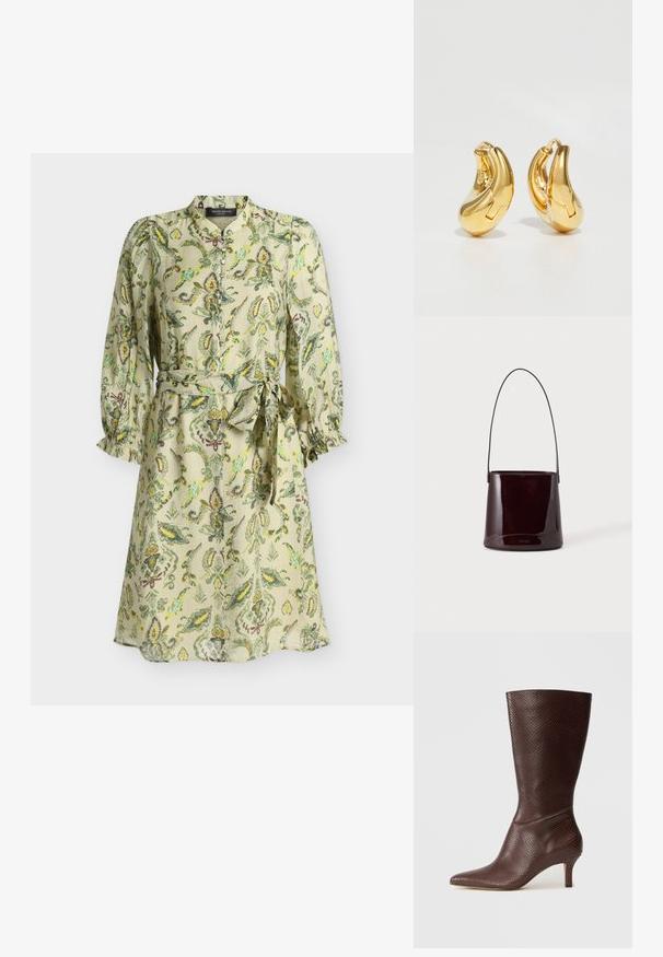 Robe florale beige clair avec manches longues bouffantes, boutons sur le devant, col mandarin et ceinture nouée à la taille.; Bottine marron en simili cuir avec un bout pointu, un imprimé serpent texturé et un talon de 5 cm, présentant un design élégant et épuré.; Sac seau brun foncé brillant avec une longue sangle fine et des coutures visibles minimales sur un fond clair.; Boucles d'oreilles en or en forme de d'anneaux lisses et courbés avec une finition polie. Équipées d'un mécanisme de fermeture et de légères indentations pour le détail.
