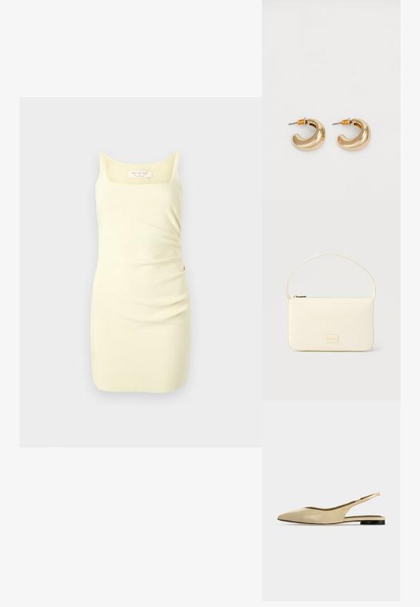 Mouwloze gele jurk van gladde stof, met een vierkante halslijn en geschaarde zijkant voor extra textuur.; Beige platte slingback schoen met puntige neus, lage zwarte hak en een glad leren afwerking, zijaanzicht op een effen achtergrond.; Roomkleurige rechthoekige handtas met een enkele draagband en een ritssluiting aan de bovenkant, met een klein ingegraveerd logoplacaat op de voorkant.; Twee glanzende gouden hoepel oorbellen in een gebogen ontwerp, met oranje accenten bij de oorpost, tegen een eenvoudige witte achtergrond.