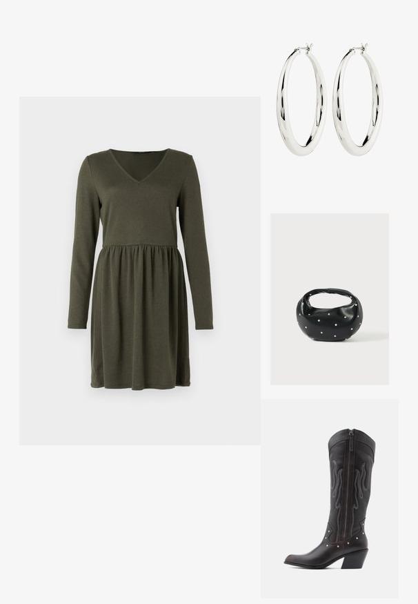 Grünes Langarmkleid mit V-Ausschnitt, figurbetontem Oberteil und geraffter Taille, hergestellt aus weichem, strukturiertem Stoff. Schlichtes Design ohne Muster.; Braune Cowboy-Stiefel aus Leder mit Flammenstickerei, seitlichem Reißverschluss, silbernen Nieten, spitzer Zehenpartie und geschichtetem Absatz.; Schwarze Lederhandtasche mit abgerundeter Form, verziert mit silbernen Nietenakzenten und kurzem Griff. Glatte Struktur und Reißverschlussverschluss.; Silberne Creolen mit einer glatten, reflektierenden Oberfläche. Runde, große Form mit einem sicheren Verschluss an der Oberseite. Polierte Oberfläche betont den Glanz.
