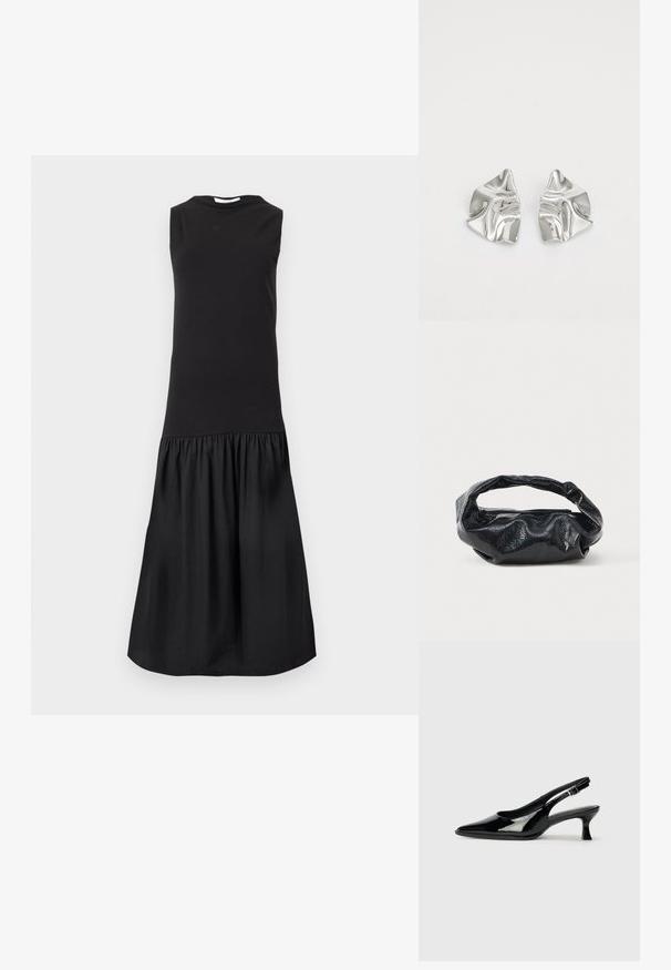 Robe midi noire sans manches avec un corsage ajusté et une jupe froncée et évasée sous la taille sur un fond uni.; Escarpins en cuir verni noir avec un bout pointu et un petit talon carré. Sangle réglable à la cheville avec boucle.; Sac noir en matériau texturé et brillant avec une poignée circulaire torsadée et une fermeture éclair. Présente un design doux et froissé.; Boucles d'oreilles en métal argenté avec un design ondulé et sculptural, présentant une finition polie et des formes irrégulières, mettant en valeur une esthétique contemporaine.