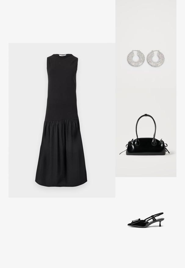 Robe midi noire sans manches avec un corsage ajusté et une jupe froncée et évasée sous la taille sur un fond uni.; Talons aiguilles en cuir verni noir avec un bout pointu, un détail en nœud à l'avant et un petit talon stiletto. Les brides sont équipées de boucles ajustables.; Petit sac à main noir brillant avec deux longues anses et des détails à cordon sur les côtés sur un fond clair uni.; Boucles d'oreilles en argent en forme de créoles ornées de multiples embellissements en cristal transparent, présentant une surface texturée et un design circulaire ouvert.