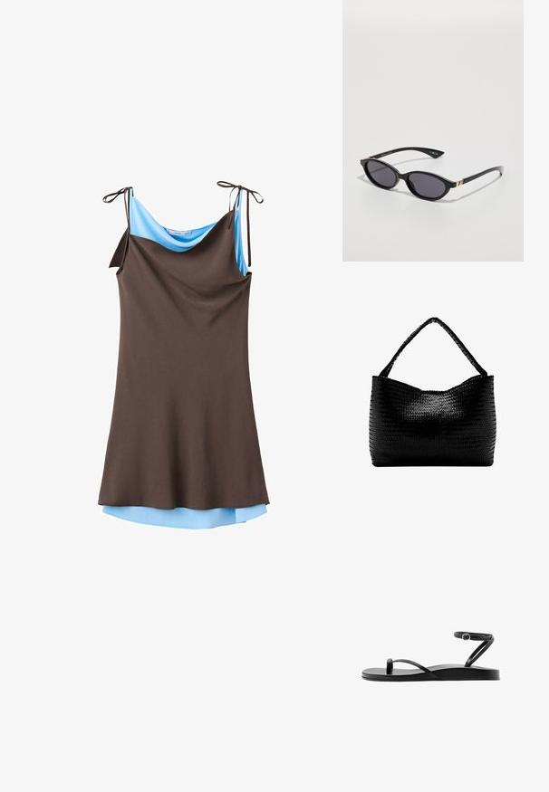 Robe marron sans manches avec doublure bleu clair et bretelles réglables à nouer sur fond blanc.; Sandale plate noire avec fines lanières, boucle pour l’orteil et bride de cheville avec une petite boucle ronde, vue de profil.; Lunettes de soleil noires avec des lentilles ovales, teinte dégradée foncée et branches fines accentuées par des touches d'or subtiles. Fini en plastique lisse.; Sac à main tissé noir avec une anse unique tressée, forme rectangulaire et surface texturée brillante.