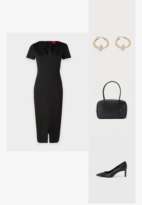 Schwarzes, tailliertes Kleid mit kurzen Ärmeln, V-Ausschnitt, Schlitz vorne und strukturiertem Design. Hergestellt aus glattem, dehnbarem Stoff. Etikett sichtbar.; Schwarzer, spitz zulaufender High-Heel-Pumps aus Leder mit einem schlanken, mittelhohen Absatz auf einem schlichten hellgrauen Hintergrund.; Schwarze rechteckige Handtasche mit doppelten, abgerundeten Griffen, goldfarbenem Reißverschluss und geprägtem „HUGO“-Logo auf der Vorderseite sowie angebrachtem Lederanhänger.; Paar goldfarbene Creolen mit kleinem silberfarbenem Schlaufen-Detail an jeder, vor hellem grauem Hintergrund präsentiert.