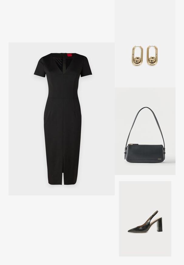 Sort tætsiddende kjole med korte ærmer, V-udskæring, slids foran og struktureret design. Fremstillet af glat, strækbart stof. Etiket synlig.; Sort læder kvindesko med slingback, spids tå og tyk blokhøj hæl på hvid baggrund.; Sort rektangulær skuldertaske i læder med guld lynlås og lille guld "HUGO"-logo på fronten, med justerbar strop med spænde.; BOSS DOUBLE B SWING - Øreringe - gold-coloured
