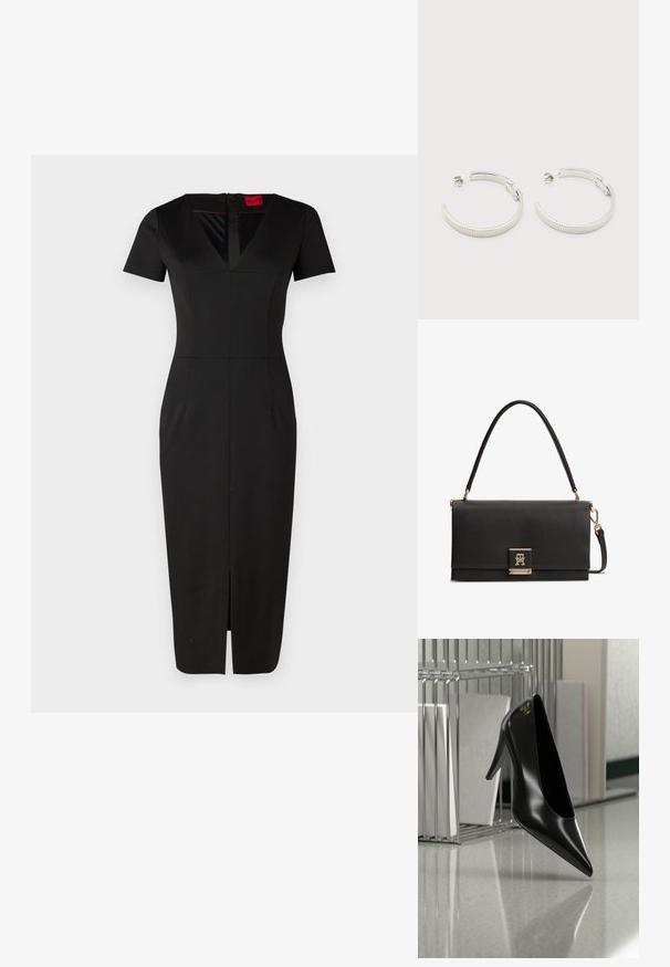 Vestido negro ajustado con mangas cortas, escote en V, abertura frontal y diseño estructurado. Fabricado con tejido suave y elástico. Etiqueta visible.; Zapato de tacón alto negro con punta afilada y logo dorado, colocado sobre una superficie reflectante cerca de un organizador de archivos de alambre cromado con documentos.; Bolso de mano de cuero negro texturizado con asa superior, cierre dorado con el logo entrelazado de TH y una correa para el hombro desmontable.; Pendientes de aro semicírculo en tono plateado con textura acanalada y cierre de presión sobre fondo blanco.