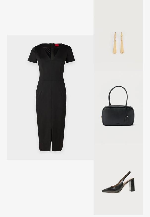 Schwarzes, tailliertes Kleid mit kurzen Ärmeln, V-Ausschnitt, Schlitz vorne und strukturiertem Design. Hergestellt aus glattem, dehnbarem Stoff. Etikett sichtbar.; Schwarzer Leder-Slingback-Schuh mit spitzer Kappe, hohem Blockabsatz und beigegefüttertem Innenraum vor hellem, einfarbigem Hintergrund.; Schwarze rechteckige Handtasche mit doppelten, abgerundeten Griffen, goldfarbenem Reißverschluss und geprägtem „HUGO“-Logo auf der Vorderseite sowie angebrachtem Lederanhänger.; Ohrhänger in Gold-Ton mit glatten, länglichen Tropfenanhängern, die an kleinen Creolenverschlüssen hängen, auf weißem Hintergrund.