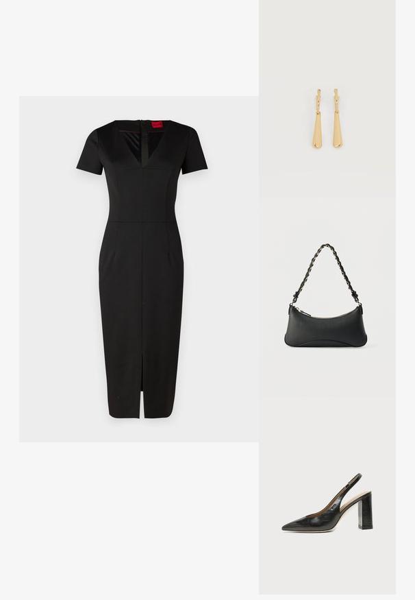 Vestido negro ajustado con mangas cortas, escote en V, abertura frontal y diseño estructurado. Fabricado con tejido suave y elástico. Etiqueta visible.; Zapato slingback de piel negra con puntera puntiaguda, tacón alto y ancho, y forro interior beige sobre un fondo claro y liso.; Bolso de hombro de cuero negro con forma rectangular curvada, cadena dorada entrelazada en una correa negra trenzada y cierre superior con cremallera.; Pendientes colgantes en tono dorado con colgantes alargados y suaves en forma de lágrima, colgando de cierres de aros pequeños sobre un fondo blanco.