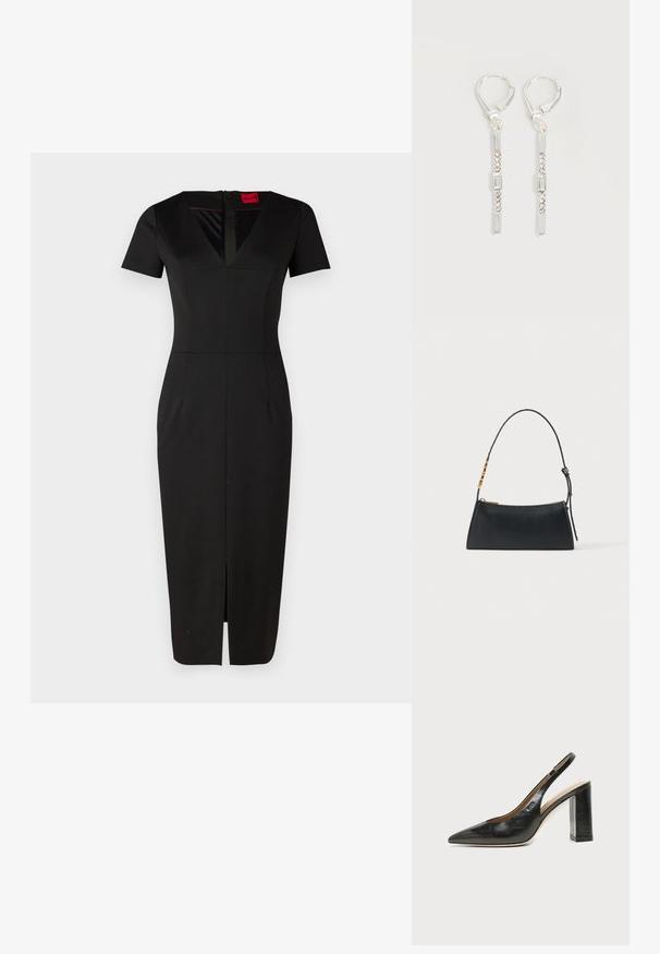 Zwart aansluitend jurkje met korte mouwen, V-hals, een split aan de voorkant en gestructureerd ontwerp. Gemaakt van een gladde, rekbare stof. Etiket zichtbaar.; Zwarte leren slingback schoen met spits toelopend neusje, hoge blokhak en beige binnenvoering tegen een effen lichte achtergrond.; Zwarte leren handtas met een gouden ritssluiting en verstelbare band met gouden rechthoekige details op een witte achtergrond.; Zilveren hangende oorbellen met rechthoekige en ronde heldere kristallen in een verticale lijn, bevestigd met leverback-sluitingen.