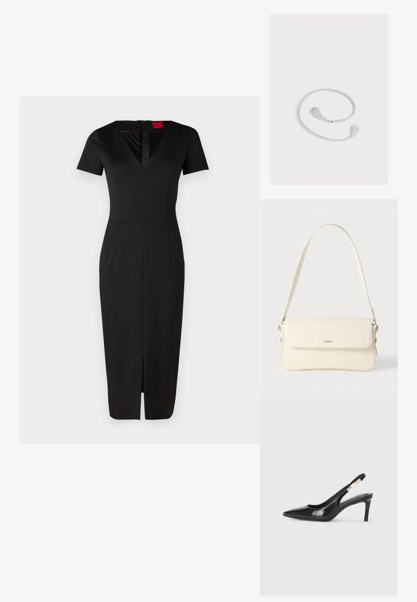 Sort tætsiddende kjole med korte ærmer, V-udskæring, slids foran og struktureret design. Fremstillet af glat, strækbart stof. Etiket synlig.; Sort læder slingback højhælede sko med spidse tæer, glat overflade og en smal ankelrem med guldfarvede hardware detaljer.; Cremefarvet læder skuldertaske med flaplukning, sølvfarvet beslag, en enkelt justerbar rem og diskrete logodetaljer.; Fleksibelt sølvglitrende hårbånd med dråbeformede ender, vist på en lysegrå baggrund.