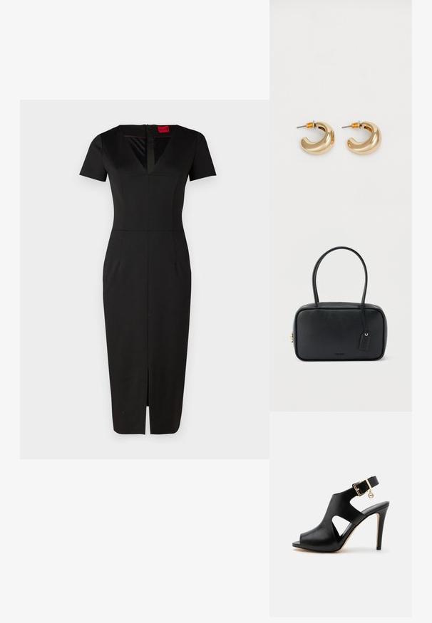 Schwarzes, tailliertes Kleid mit kurzen Ärmeln, V-Ausschnitt, Schlitz vorne und strukturiertem Design. Hergestellt aus glattem, dehnbarem Stoff. Etikett sichtbar.; Schwarze Leder-Sandalette mit hohem Absatz, offenem Zehenbereich, seitlichen Ausschnitten, Knöchelriemen, goldener Schnalle und kleinem rundem Anhänger auf hellem Hintergrund.; Schwarze rechteckige Handtasche mit doppelten, abgerundeten Griffen, goldfarbenem Reißverschluss und geprägtem „HUGO“-Logo auf der Vorderseite sowie angebrachtem Lederanhänger.; Zwei glänzende goldene Creolen in einem geschwungenen Design mit orangefarbenen Akzenten nahe dem Stecker, vor einem schlichten weißen Hintergrund.
