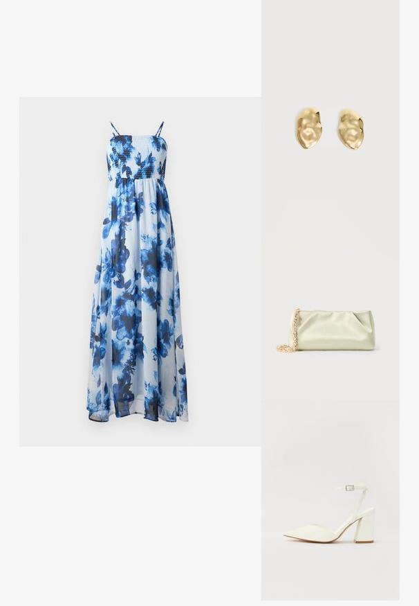 Μάξι φόρεμα με λουλούδια σε αποχρώσεις του μπλε, διαθέτει σμίγμενη μπλούζα και λεπτές τιράντες, φτιαγμένο από ελαφρύ, διάφανο ύφασμα.; Λευκή γόβα με ψηλό τακούνι και μυτερή μύτη, ρυθμιζόμενη λουρί στον αστράγαλο και χοντρό τετράγωνο τακούνι. Λείος υφής με ελάχιστες ραφές.; Μαλακό τσαντάκι φάκελος από πράσινο σατινέ ύφασμα με χρυσή και κρυστάλλινη αλυσίδα, ορθογώνιο σχήμα με απαλά πτυχώματα σε απλό φόντο.; Ζευγάρι λαμπερά, ακανόνιστα σχηματισμένα σκουλαρίκια από χρυσό μέταλλο με τσαλακωμένη, λεία επιφάνεια σε απλό ανοιχτό φόντο.