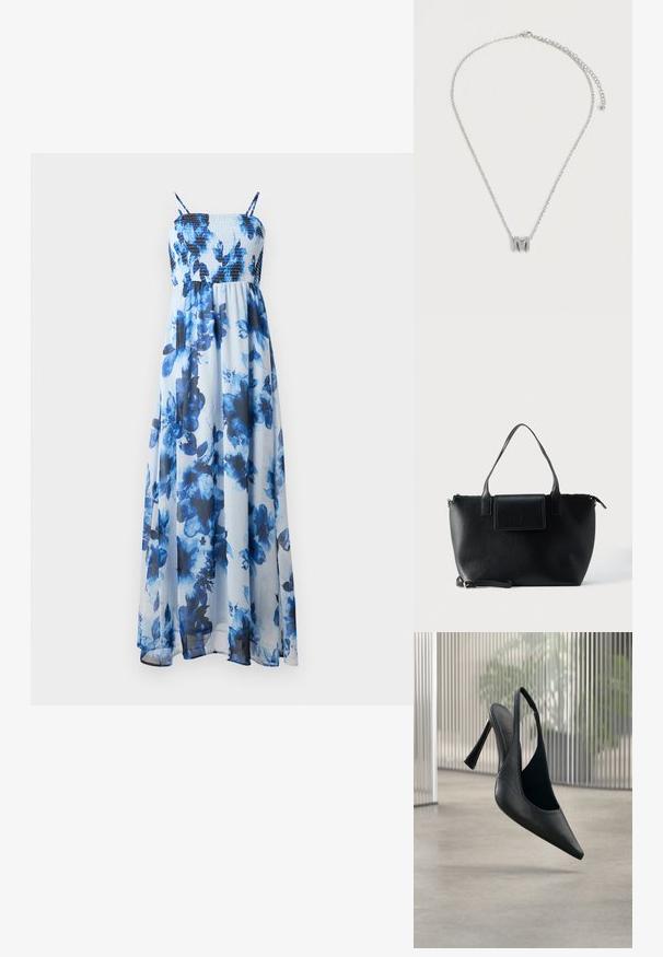 Maxi kleit lillemustris sinistes toonides, smaragdse bodice ja õhukeste rihmadega, valmistatud kergest, läbipaistvast kangast.; Mustast nahast slingback stiilsõelaga kontsaking, millel on terav nina, hõljumas sileda betoonpõranda ja vertikaalse metallpaneeli taustal.; Mustast nahast käekott kahe sangaga, eemaldatava rihma, magnetilise klapiga sulgumise ja siledapinnalise tekstuuriga. Lukuga ülaosa ja dekoratiivsed õmblused.; Hõbedane kaelakee, millel on üks hõbedane M tähe kujuline ripats ja reguleeritav lukk valgel taustal.