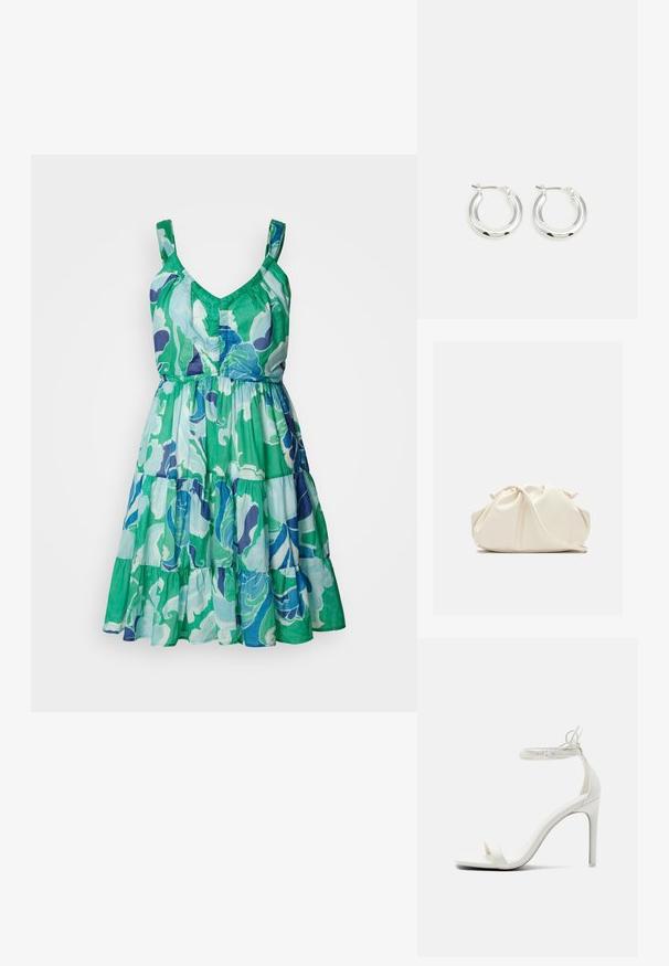 Vestido sin mangas con escote en V, falda en capas, con un patrón floral en verde, azul y púrpura sobre una tela ligera.; Call it Spring Sandalias de tacón - white; Bolso de mano de cuero suave de color crema con diseño fruncido y plisado y una delgada correa para el hombro que descansa delante sobre un fondo liso.; Pendientes de aro de plata con un acabado pulido, que presentan una forma circular y un cierre de gancho. Textura suave con detalles mínimos.