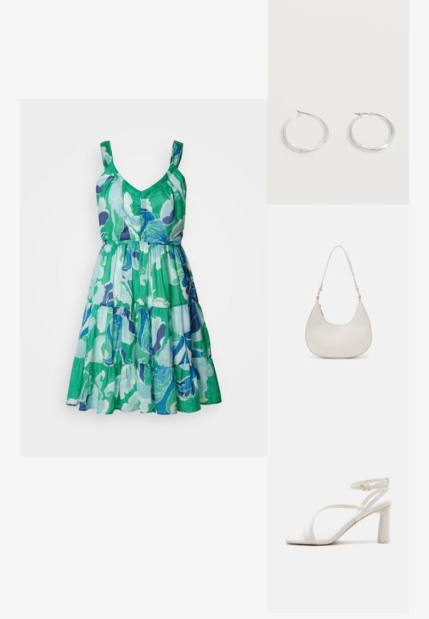 Vestido sin mangas con escote en V, falda en capas, con un patrón floral en verde, azul y púrpura sobre una tela ligera.; Sandalias de tacón alto blancas con tiras, punta cuadrada, correa ajustable en el tobillo y un tacón ancho. Textura suave similar al cuero.; Bolso de hombro de cuero crema con forma de media luna, correa delgada y sutil detalle de costuras. Diseño minimalista con acentos de hardware en tono dorado.; Pendientes de aro de metal plateado con superficie lisa y ligeramente curvada y cierre de tipo mosquetón sobre un fondo blanco liso.