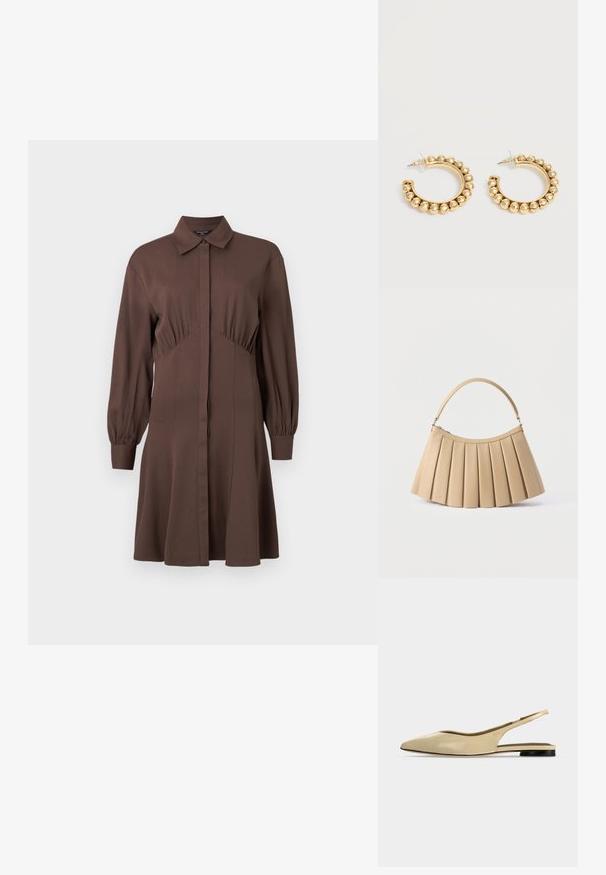 Brun skjortekjole lavet af blødt materiale, med forreste knaplukning, lange pufærmer og en tætsiddende talje med samlede detaljer.; Beige spids tå slingback flad sko med lav sort hæl og en glat læderfinish, vist fra siden på en ensfarvet baggrund.; Beige plisseret håndtaske med buet toplynlås og enkelt buet håndtag, vist på hvid baggrund.; Et par guldfarvede creoler med afrundede perle-detaljer langs den ydre kant på en lys baggrund.
