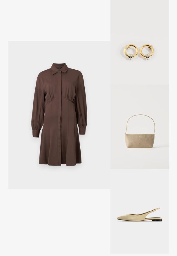 Brun skjortekjole lavet af blødt materiale, med forreste knaplukning, lange pufærmer og en tætsiddende talje med samlede detaljer.; Beige spids tå slingback flad sko med lav sort hæl og en glat læderfinish, vist fra siden på en ensfarvet baggrund.; Beige flettet håndtaske med tynd skulderrem og lille guld "BOSS" logo foran, vist mod en ensfarvet hvid baggrund.; Guld cirkulære øreringe med to små sølv-ringe på hver, der viser subtile indgraverede mærkenavne detaljer, sat på en hvid baggrund.