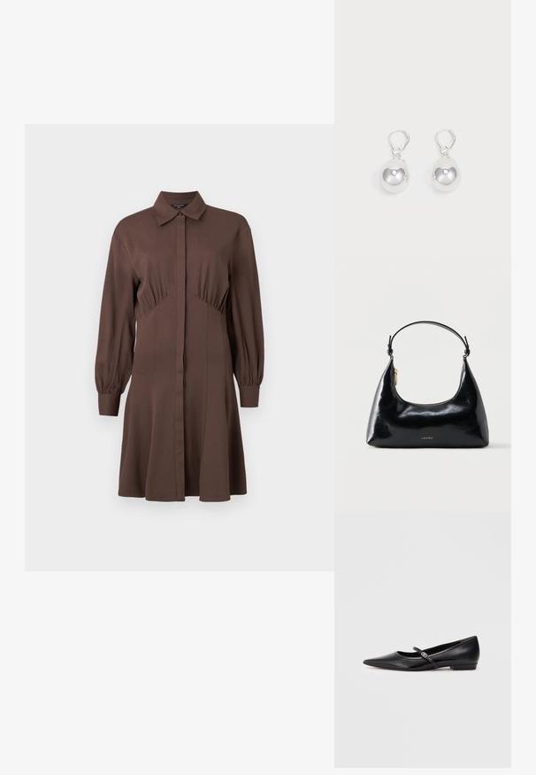Bruine shirtjurk van zacht materiaal, met een sluiting aan de voorkant met knopen, lange pofmouwen en een aansluitende taille met geplooide details.; Zwarte gepatineerde leren ballet flats met een spitse neus, enkelbandje en decoratieve hardware. Gladde textuur en laag hakontwerp.; Zwarte glanzende Calvin Klein handtas met gouden rits en korte band tegen een effen witte achtergrond.; Zilveren druppeloorbellen met gladde, ronde, reflecterende oppervlakken die hangen aan klapring-sluitingen. Achtergrond is puur wit.