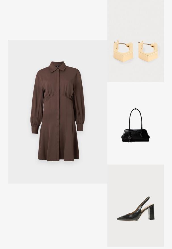 Brun skjortekjole lavet af blødt materiale, med forreste knaplukning, lange pufærmer og en tætsiddende talje med samlede detaljer.; Sort læder peep-toe slingback sko med høj blokhæl og beige indvendig foring mod en ensfarvet lys baggrund.; Sort skuldertaske i krokodillelæder med lange stropper og lille sølvlogo-charm på den ene strop.; Et par små guldfarvede geometriske hoops med kantede kanter og bageste lukninger på en lys baggrund.