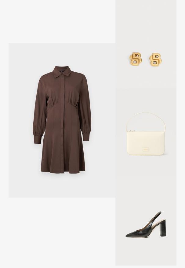 Brun skjortekjole lavet af blødt materiale, med forreste knaplukning, lange pufærmer og en tætsiddende talje med samlede detaljer.; Sort læder peep-toe slingback sko med høj blokhæl og beige indvendig foring mod en ensfarvet lys baggrund.; Kremfarvet rektangulær håndtaske med en enkelt rem og lynlås øverst, med en lille præget logo-plakette foran.; Par guldfarvede metal-ørestikker formet som sammenkoblede bogstav B-designs på hvid baggrund.