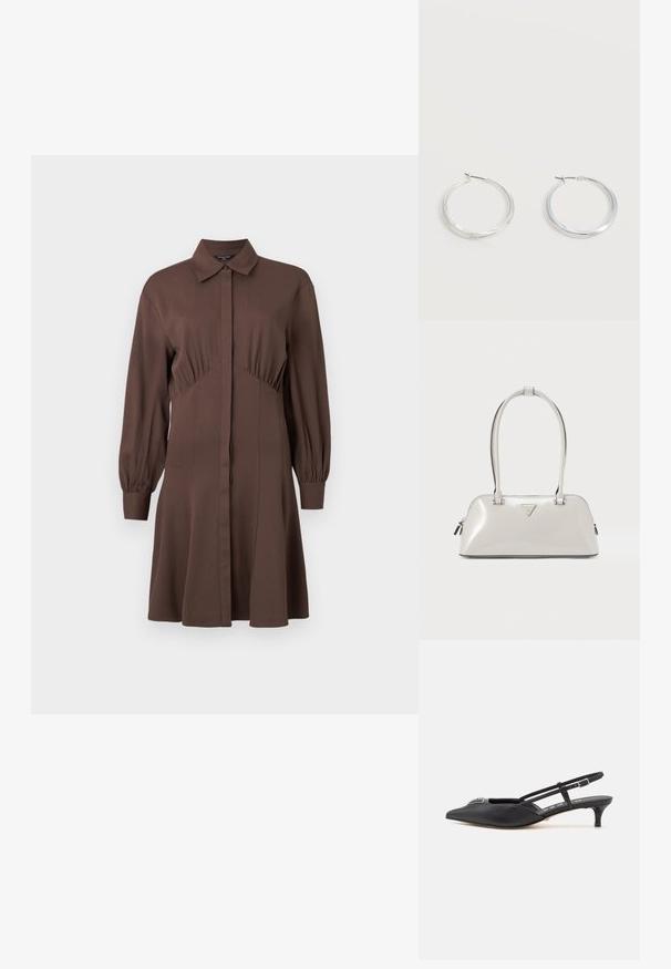 Brun skjortekjole lavet af blødt materiale, med forreste knaplukning, lange pufærmer og en tætsiddende talje med samlede detaljer.; Sorte slingback-sko med spids tå, lavet af glat materiale, med en lille hæl og en dekorativ sølvaccent på vamps.; Skinnende lysegrå håndtaske med rund form, dobbelthåndtag og et trekantet logo. Har lynlåslukning og metalaccenter.; Sølvfarvede metaloorringe med glat, let buet overflade og låsemekanisme på en ensfarvet hvid baggrund.