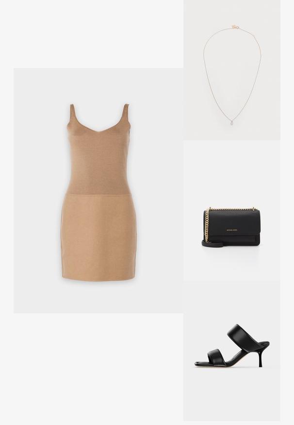 Vestido de punto sin mangas en un tono beige claro. Cuenta con un cuerpo ajustado y un diseño de falda recta. Textura suave con una silueta simple y elegante.; Sandalia mule de cuero negro con dos tiras anchas y un tacón de aguja delgado de altura media sobre un fondo claro y sencillo.; Bolso cruzado de cuero negro con una correa de cadena dorada, superficie texturizada y una solapa plegable con el nombre de la marca grabado en dorado.; Collar de oro rosa con una cadena delicada. Presenta un colgante en forma de lágrima incrustado con una piedra clara, creando un brillo sutil.