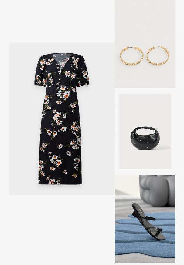 Robe longue noire à manches bouffantes, présentant un motif floral blanc et orange. Design à col en V avec des détails froncés au niveau de la poitrine.; Sandale noire à brides avec boucle d’orteil exposée sur un tapis texturé bleu, avec un grand objet décoratif gris flouté en arrière-plan.; Sac à main en cuir noir de forme arrondie, décoré de clous argentés et équipé d'une poignée courte. Texture lisse et fermeture éclair.; Boucles d'oreilles créoles en or avec un design texturé orné de petites perles rondes sur le bord extérieur. Légères avec une fermeture sécurisée.