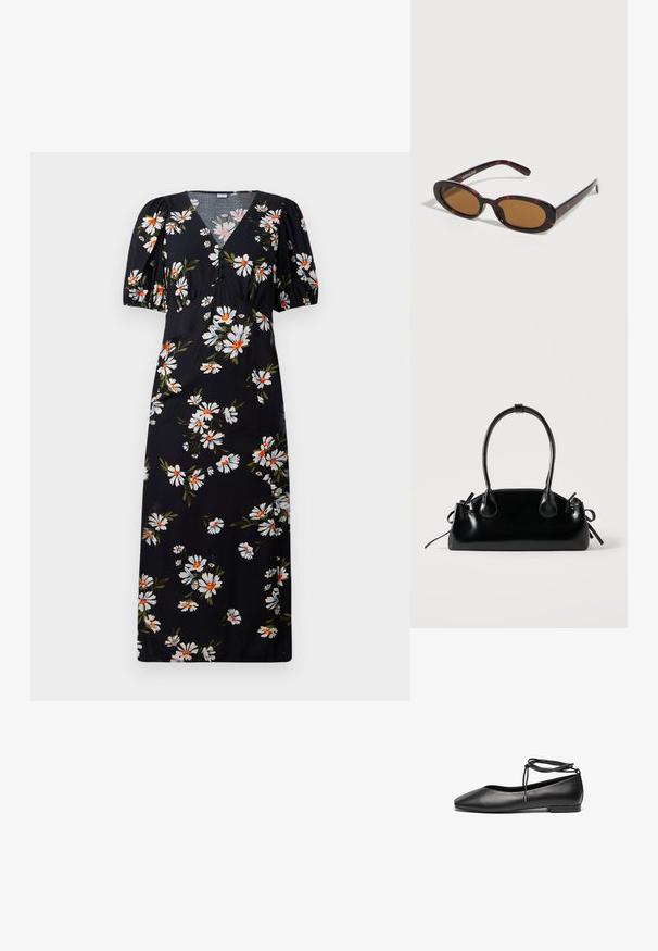 Robe longue noire à manches bouffantes, présentant un motif floral blanc et orange. Design à col en V avec des détails froncés au niveau de la poitrine.; Ballerines noires en cuir avec un bout pointu, un talon plat et un détail de lacet autour de la cheville. Texture lisse, design minimaliste.; Lunettes de soleil ovales en écaille avec des verres teintés marron et des branches fines reposant sur une surface blanche.; Petit sac à main noir brillant avec deux longues anses et des détails à cordon sur les côtés sur un fond clair uni.