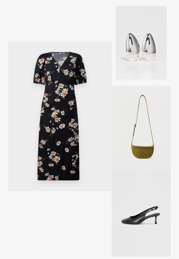 Robe longue noire à manches bouffantes, présentant un motif floral blanc et orange. Design à col en V avec des détails froncés au niveau de la poitrine.; Chaussure slingback noire en cuir à bout pointu avec un petit talon aiguille bas et une bride réglable à boucle sur un fond clair uni.; Sac bandoulière en daim vert olive avec sangle réglable et poche avant zippée sur fond blanc uni.; Deux pièces décoratives en métal argenté, en forme de goutte d'eau avec une surface lisse et réfléchissante et une base mate contrastante.