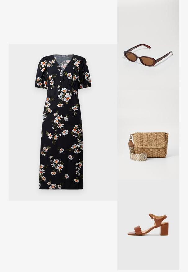 Robe longue noire à manches bouffantes, présentant un motif floral blanc et orange. Design à col en V avec des détails froncés au niveau de la poitrine.; Sandale à talon en cuir marron avec un bout carré, une bride de cheville ajustable et un talon carré. Texture lisse et design minimaliste.; Lunettes de soleil rondes teinte brun avec une monture bordeaux brillante. Branches fines avec un détail de marque subtil. Design de verres plats.; Sac bandoulière en paille tissée avec un rabat, doté d'une sangle marron clair à motifs avec des designs géométriques. Forme texturée et compacte.