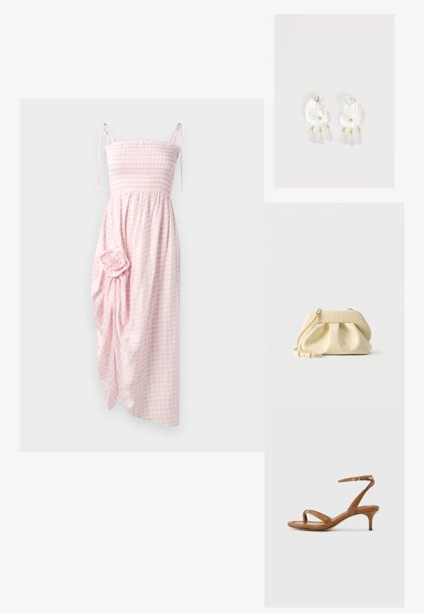 Robe en vichy rose smockée avec des bretelles à nouer, longueur genoux, présentant un tissu drapé et un détail floral sur le côté. Tissage texturé.; Sandale en cuir marron avec lanières, talon bas en forme de petit escarpin et bride à la cheville avec une petite boucle, vue de côté sur un fond uni.; Petit sac à main en cuir jaune pâle avec devant froncé, ferrures dorées et bandoulière réglable sur fond blanc.; Boucles d'oreilles en résine transparente en forme de coquillage avec de petits accents dorés et trois breloques translucides en forme de goutte pendantes sur chaque boucle d'oreille.