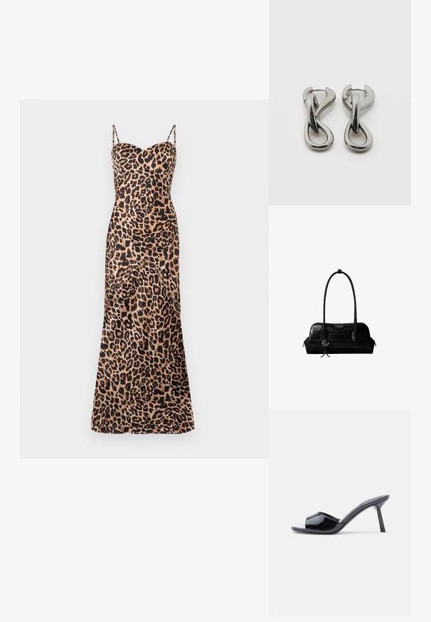 Leopard print maxi kjole med tynde justerbare stropper, en sweetheart-udskæring og en glat, satin-lignende tekstur.; Sorte laklæder sandaletter med åben tå, der har et buet overdesign og en spids stilethæl. Glat, blank finish.; Sort skuldertaske i krokodillelæder med lange stropper og lille sølvlogo-charm på den ene strop.; Par af sølvtonede metale øreringe med abstrakt sammenflettet løbedesign på hvid baggrund.