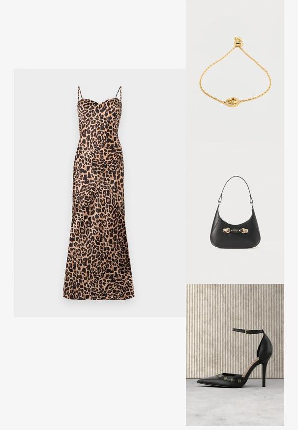 Vestido maxi de estampado de leopardo con finas tirantes ajustables, escote corazón y una textura suave, similar a la seda.; Zapato de salón de cuero negro con tacón alto y punta puntiaguda, correa en el tobillo y adornos dorados sobre el empeine. Textura suave.; Bolso de cuero negro con una silueta curvada, que cuenta con un asa superior, herrajes en tono dorado y una placa con el logo en el frente. Textura suave.; Pulsera en tono dorado con un diseño de cadena retorcida, que presenta un colgante circular adornado con cristales transparentes y un cierre decorativo.