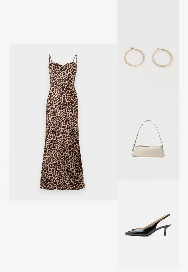 Maxi-jurk met luipaardprint, dunne verstelbare bandjes, een sweetheart-halslijn en een gladde, satijnachtige textuur.; Zwarte lakleren slingback hak met spitse neus, kleine kittenhak en zilveren gespsluiting op een effen witte achtergrond.; Kleine beige leren schoudertas met dunne band en ritssluiting, voorzien van een discreet metalen logo aan de voorzijde in het midden.; Een paar gladde goudkleurige middelgrote creooloorbellen met scharniersluitingen op een effen lichte achtergrond.