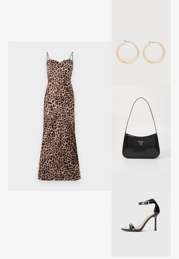 Leopard print maxi kjole med tynde justerbare stropper, en sweetheart-udskæring og en glat, satin-lignende tekstur.; Sort højhælet sandal i laklæder med ankelrem. Har minimalistisk design, åben tå og spænde med rhinsten-detaljer.; Sort patenteret læder skuldertaske med en buet form, prydet med et sølvfarvet trekantet logo og en lynlås-lukning. Glat tekstur og slank rem.; Par af guldfarvede teksturerede hoop-øreringe med tynde stifter på en hvid baggrund.