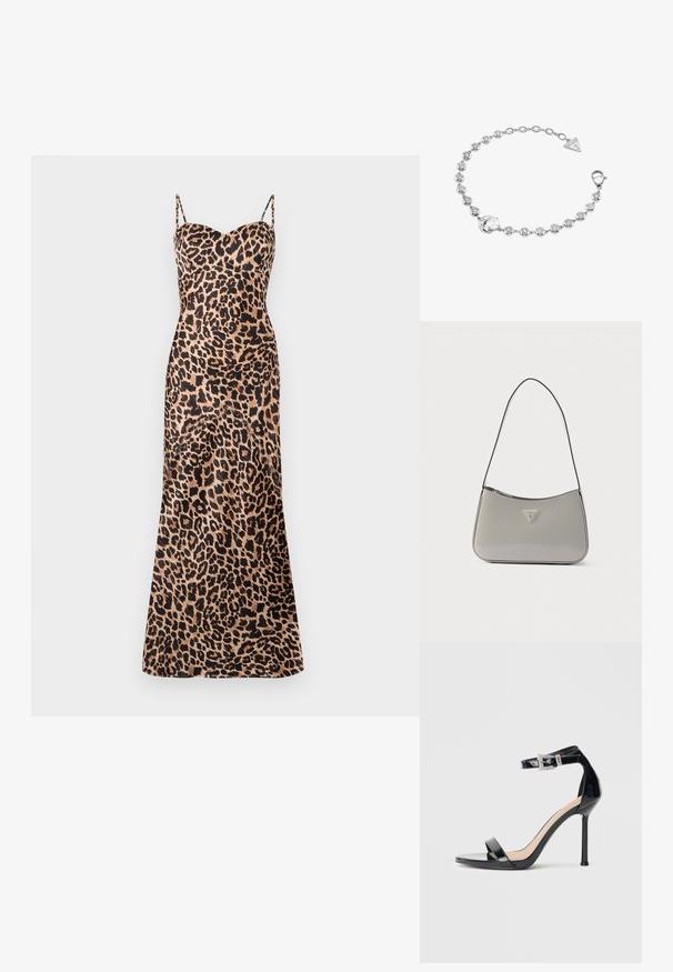 Maxi-jurk met luipaardprint, dunne verstelbare bandjes, een sweetheart-halslijn en een gladde, satijnachtige textuur.; Zwarte sandalen met hoge hak van lakleer en een enkelriempje. Heeft een minimalistisch ontwerp, open teen en een gesp met strass-steentjes.; Grijze schoudertas van lakleer met een gebogen ontwerp, zwarte bies en een zilverkleurige logoplaat aan de voorkant. Verstelbare riem voor veelzijdig gebruik.; Armband in zilverkleur met ronde kristalkralen en een grotere centrale kristal, voorzien van een verlengkettinkje en een driehoekige Guess logo bedel.