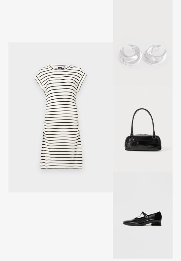 Vestido de manga corta y cuello redondo en blanco con rayas horizontales negras. Material de algodón, ajuste relajado, diseño hasta la rodilla. Detalles de costura sencillos.; Zapatos Mary Jane de cuero negro con punta puntiaguda, tacón pequeño de bloque y correa ajustable con hebilla plateada. Textura lisa y brillante.; Bolso de mano de cuero negro con forma rectangular, equipado con un asa estructurada, herrajes en plata y cierre de cremallera. Textura suave.; Un par de pendientes de aro en forma de media luna de plata pulida con una superficie suave y reflectante sobre un fondo blanco.