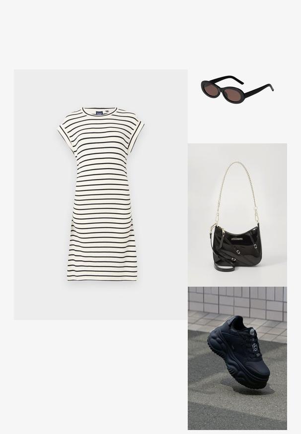 Vestido de manga corta y cuello redondo en blanco con rayas horizontales negras. Material de algodón, ajuste relajado, diseño hasta la rodilla. Detalles de costura sencillos.; Zapatillas negras contundentes con parte superior de cuero suave, suela elevada con patrones en forma de ola y cordones para un ajuste seguro. Branding en la lengüeta.; Gafas de sol negras en forma ovalada con cristales tintados marrones. Cuentan con un marco de plástico grueso y brazos delgados y curvados. Textura suave en toda su superficie.; Bolso cruzado de cuero sintético negro con forma curvada, correa de cadena plateada, herrajes en tono dorado y correa de hombro ajustable.