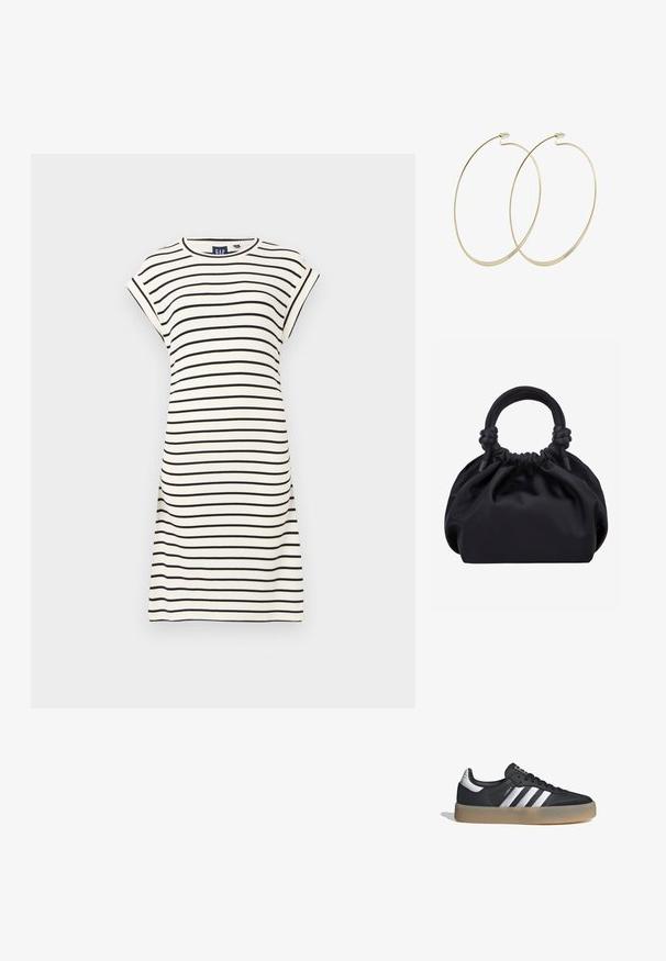 Vestido de manga corta y cuello redondo en blanco con rayas horizontales negras. Material de algodón, ajuste relajado, diseño hasta la rodilla. Detalles de costura sencillos.; Zapatilla deportiva de cuero negro con tres rayas plateadas, punta texturizada y suela de goma. Cuenta con un collar acolchado y un diseño con cordones.; Bolso de mano de tela negra suave con parte superior fruncida y asas acolchadas circulares atadas con nudos a cada lado.; Pilgrim Pendientes - gold-coloured
